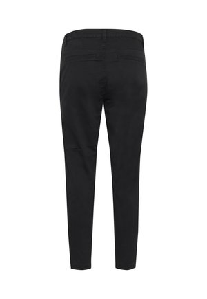 Juodos slim-fit kelnės pagamintos iš lygaus medvilnės mišinio, su užpakalinėmis kišenėmis, vidutinio aukščio juosmeniu ir siaurėjančiomis kojomis.