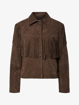 Brown suede jacket with a fringed design across the chest. Features a collar, button closure, and long sleeves. Smooth texture.