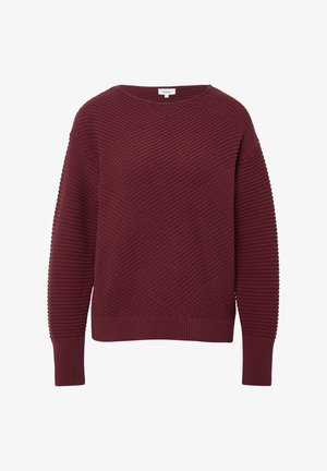 Bordo pleteni pulover s teksturiranim dijagonalnim i horizontalnim rebrastim uzorcima, dugim rukavima i okruglim izrezom.