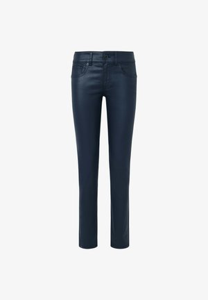Jean skinny bleu marine en matériau lisse et brillant. Dispose d'une fermeture à bouton et de poches avant, avec un design de jambe fuselée.