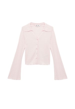 Rosa, struktureret cardigan med lange, udflarede ærmer, en spids krave og seks knapper foran. Casual, letvægts stofstruktur.