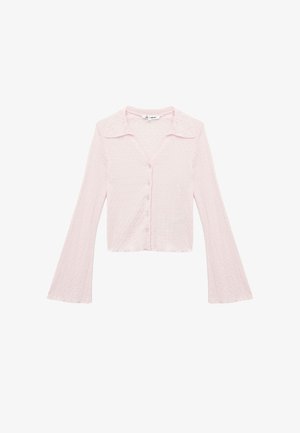 Rosa, struktureret cardigan med lange, udflarede ærmer, en spids krave og seks knapper foran. Casual, letvægts stofstruktur.