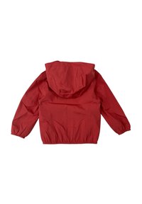 Giacca rossa impermeabile con cappuccio, polsini elasticizzati e vita arricciata. Presenta una texture liscia e leggera e un design semplice.