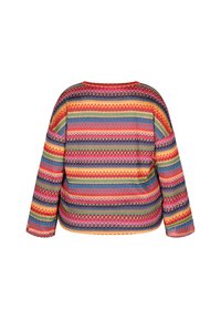Mehrfarbiger Pullover mit horizontalen Streifen in Rot, Blau, Grün und Pink, großzügig geschnitten und mit langen Ärmeln. Strukturiertes Strickmaterial.