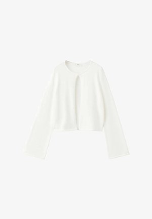 Bela dolga zelo kratka jopica z dolgimi rokavi, okroglim izrezom in odprtim sprednjim delom, izdelana iz lahkega pletenega blaga.