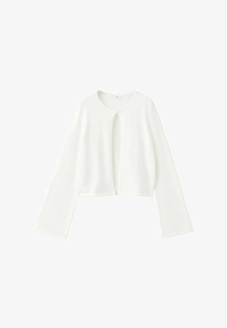 Weißer, langärmliger, bauchfreier Cardigan mit rundem Ausschnitt und offenem Vorderteil, gefertigt aus leichtem Strickstoff.