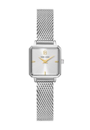 Montre carrée en argent avec bracelet en métal maille, index et aiguilles dorés, marquée "Pierre Lannier" sur le cadran.
