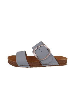 Gray faux leather slide sandal with a wide strap and a buckle. Cork-like sole with brown texture, flat design, and minimalistic style.