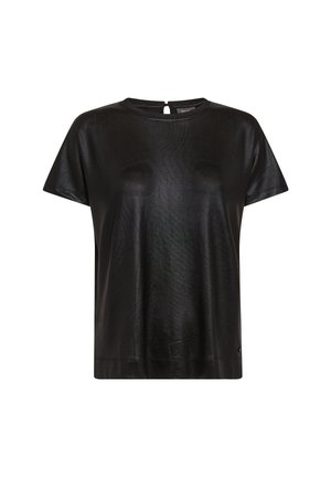Zwarte top met korte mouwen, gemaakt van een glanzend materiaal, heeft een ronde halslijn en een klein sleutelgaatje aan de achterkant. Glad oppervlakte over de gehele top.