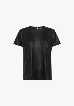 Top nero a maniche corte, realizzato in un materiale lucido, presenta un collo rotondo e un piccolo dettaglio a forma di chiave sul retro. Texture liscia in tutto il capo.