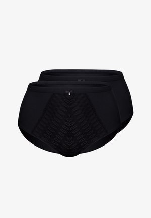 Two black high-waist women's briefs with a textured front lace panel and a small decorative charm at the waistband center.