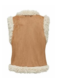 Braune Wildlederweste mit einem weichen, cremefarbenen Kunstfellkragen und -saum. Ärmelloses Design mit glatter Textur und gemütlichem Aussehen.