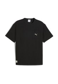 Sort kortærmet t-shirt med lomme, prydet med et lille hvidt Puma-logo på brystet. Lavet af tekstureret bomuldsstof.