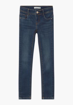 Donkerblauwe slim-fit jeans met voor- en achterzakken, riemlussen en knoopsluiting, geschikt voor kinderen.