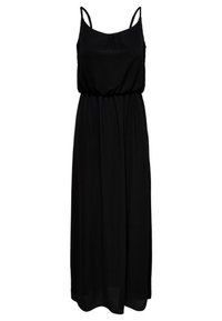 Czarna maxi sukienka z cienkimi ramiączkami, elastycznym paskiem w talii i lekko opadającym materiałem. Prosty fason bez widocznych wzorów czy ozdób.