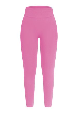Leggings rosas con una cintura alta, fabricados en un material suave y elástico. Diseño ajustado que se estrecha en los tobillos, sin patrones ni acentos visibles.