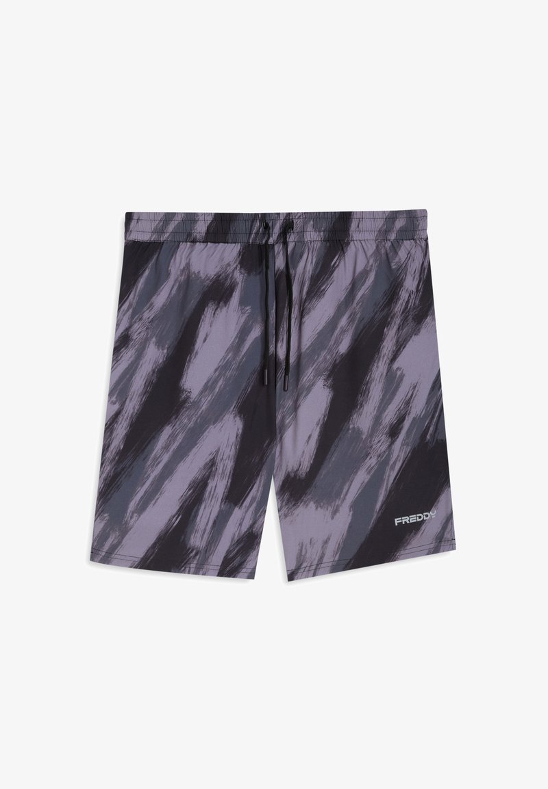 Bañador de hombre con patrón abstracto en púrpura y negro, cintura elástica, cordón ajustable y logotipo en la pierna inferior derecha.