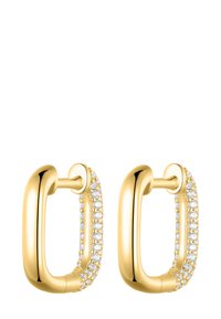 Gold hoop earrings with a rectangular shape, featuring a row of clear gemstones along one side and a polished, smooth texture.