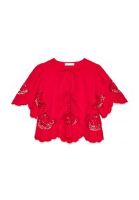 Rote Baumwollbluse mit bestickten Ausschnitten, gewellten Kanten und einer Bindeschleife am Hals. Besitzt weite Ärmel mit filigranen Mustern.