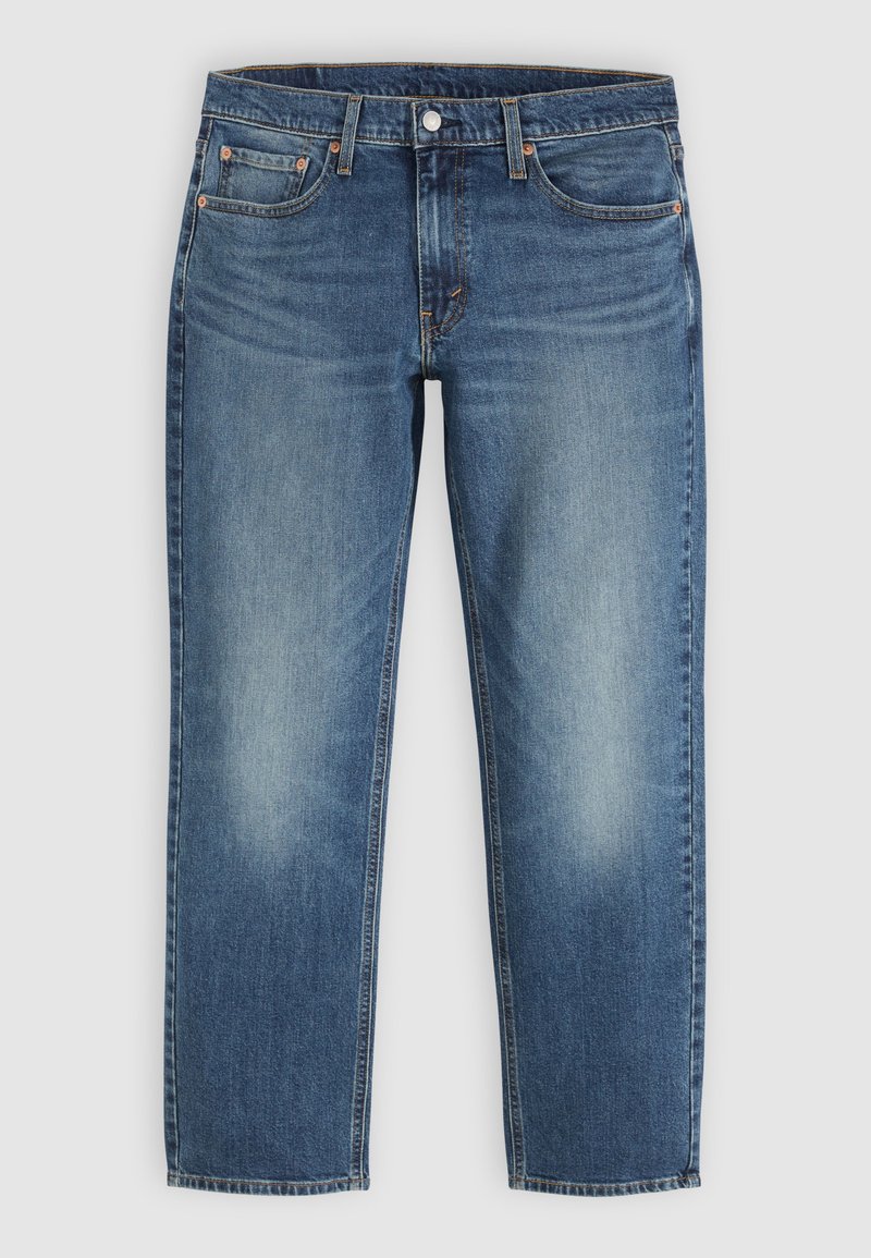 Blue straight-leg jeans with front and back pockets, belt loops, and a buttoned waistband, displayed flat on a light background.