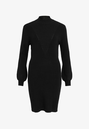 Sort strikket kjole med høj krave, lange ærmer, ribbet tekstur og en V-formet udskæring på brystet.