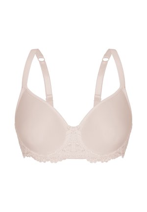 Beiger gepolsterter BH mit verstellbaren Trägern und Spitzenverzierung entlang des unteren Randes sowie einer Schleife vorne in der Mitte.