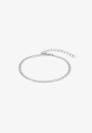 Sidabrinė grandinėlė apyrankė su sujungtomis ovaliomis dalimis, turinti omarų sagtį ir reguliuojamą grandinėlės prailginimą dydžiui pritaikyti.