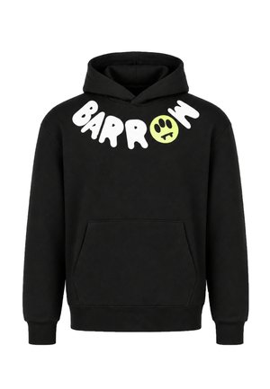 Felpa nera con cappuccio, tasca frontale e logo bianco "BARROW" curvo sul petto, con un volto verde circolare che sostituisce la lettera O.