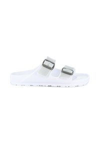Sandali bianchi con due cinturini grigi regolabili, soletta texturizzata, design open-toe e una suola spessa e rigata per una maggiore aderenza.