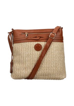 Beige woven straw handbag with brown leather accents, adjustable strap, front zip pocket, and round logo detail.