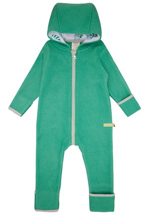 Tuta in pile verde con cappuccio, zip frontale completa, polsini grigi e fodera interna a fantasia. Tessuto testurizzato per calore e comfort.