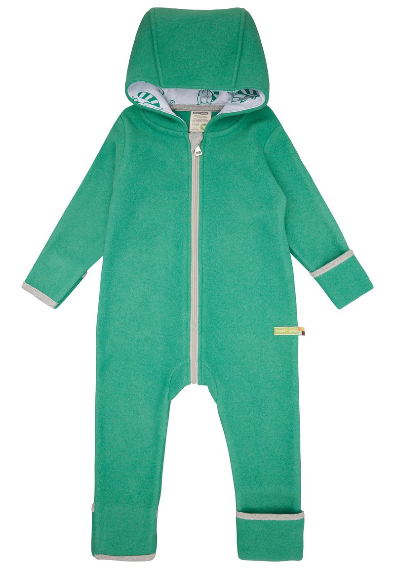 Tuta in pile verde con cappuccio, zip frontale completa, polsini grigi e fodera interna a fantasia. Tessuto testurizzato per calore e comfort.