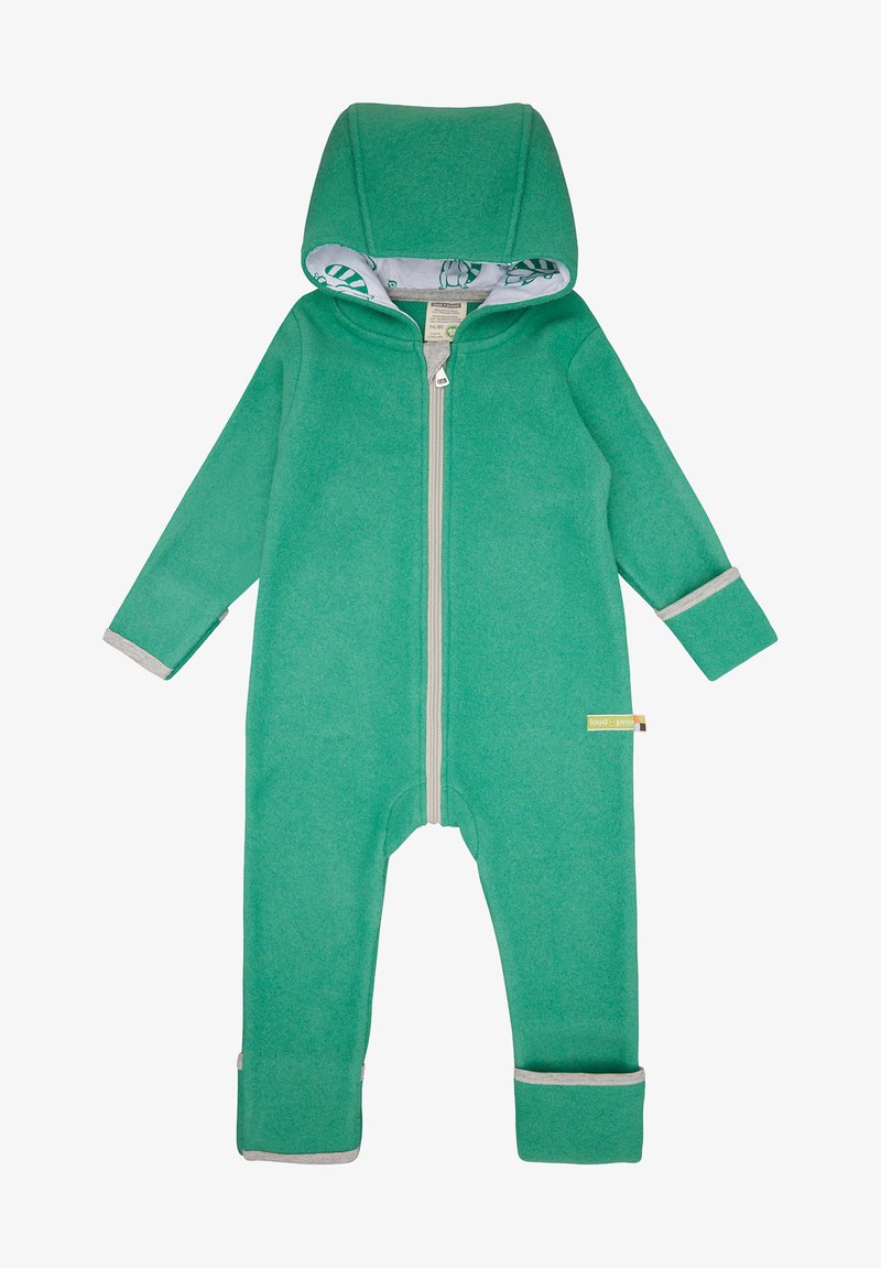 Groene fleece onesie met een capuchon, volledige rits aan de voorkant, grijze manchetten en een gemusterde binnenvoering. Gestructureerde stof voor warmte en comfort.