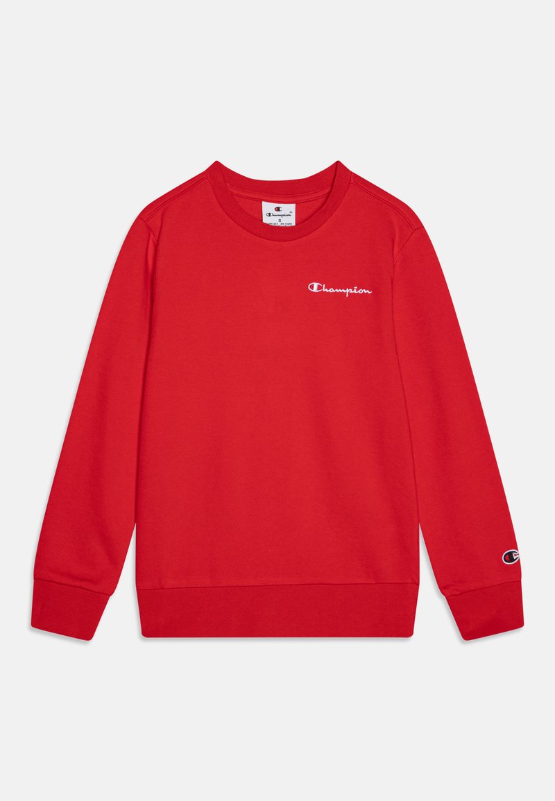 Felpa rossa in cotone, con collo rotondo e maniche lunghe. Logo "Champion" ricamato in bianco sul davanti e sulla manica.