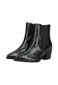 Bottines noires avec un motif en relief reptilien, un design à bout pointu, des panneaux latéraux élastiques et un talon bas empilé.