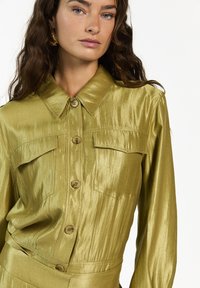 Vrouw met lang bruin haar, gekleed in een glanzende olijfgroene button-up shirt met borstzakken en gouden gestructureerde oorbellen, tegen een witte achtergrond.