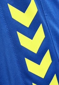 Blå atletisk tyg med stora gula chevronmönster. Texturen är slät med sömmar synliga längs kanterna.