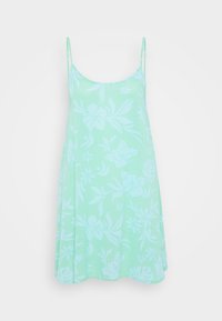 Vestido verde menta claro con tirantes finos, que presenta un patrón floral en un tono ligeramente más claro. Con un corte fluido y suelto, y una textura suave.
