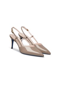 Tacchi slingback in pelle verniciata beige con punta affusolata, dettagli in pelle rosa e tacchi a stiletto blu. Fibbia dorata sui cinturini.