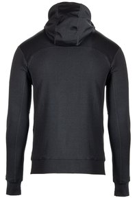 Hoodie van donkergrijs stof. Gladde textuur, lange mouwen, aansluitend ontwerp en contrasterende stiksels langs de schoudernaad.