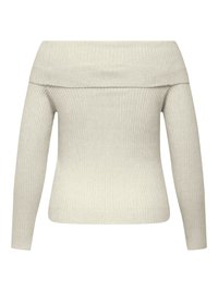 Pull beige clair à côtes décolleté épaules avec manches longues, coupe ajustée, texture lisse et détails discrets de coutures.