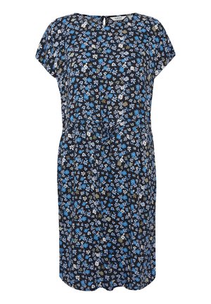 Ziedu kleita tumši zila ar ziliem, baltiem un zaļiem rakstiem. Īsas piedurknes, brīva piegriezuma, ar aukliņu jostas daļā, līdz ceļgaliem.