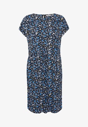 Ziedu kleita tumši zila ar ziliem, baltiem un zaļiem rakstiem. Īsas piedurknes, brīva piegriezuma, ar aukliņu jostas daļā, līdz ceļgaliem.