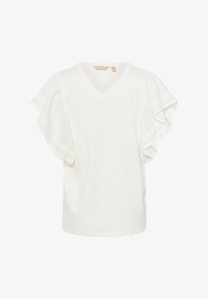 White t-shirt with V-neck, short ruffled sleeves, and a soft texture. Features subtle accent detailing along the sleeve edges.