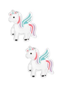 Figurina di unicorno in smalto bianco con ali colorate. Presenta dettagli rosa, blu e viola, occhi neri e una criniera multicolore.
