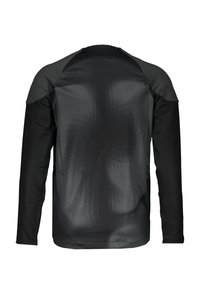 Chemise noire à manches longues avec un motif texturé, présentant des finitions mates et brillantes contrastantes sur les épaules et le corps. Tissu lisse, col rond.