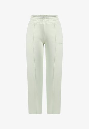 Pantaloni sportivi verde chiaro con vita elastica, caratterizzati da dettagli di cucitura verticale e un piccolo logo sulla parte laterale.