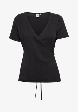 Black wrap-style t-shirt in ribbed fabric with short sleeves and v-neckline, featuring a tie detail at the waist. Simple and fitted design.