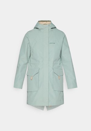 Leichte mintgrüne wasserdichte Jacke mit Reißverschluss, zwei Fronttaschen, Kapuze und einem High-Low-Saum. Verfügt über dezente Markenkennzeichnung auf der Brust.