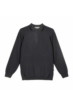 Polo noir à manches longues avec patte de boutonnage à trois boutons, poignets et col côtelés, présenté sur un fond blanc.